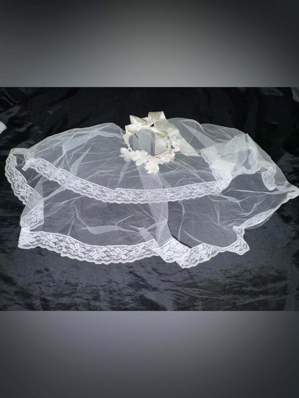 Vintage JCPenney Bridal Veil Floral Headpiece Lace Trim Satin Bow Wedding